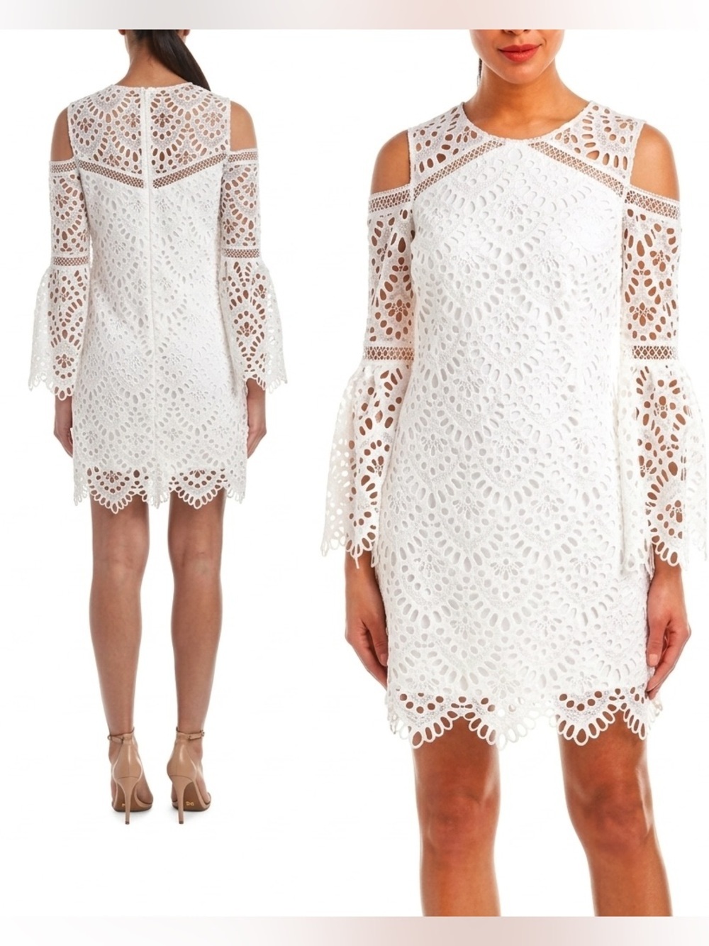 NWOT Laundry By Shelli Segal White Cold-Shoulder Crochet Mini Dress